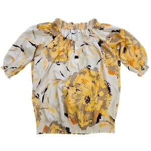 New York & Company Yellow Grey Floral Smocked Peasant Blouse Top Small Boho